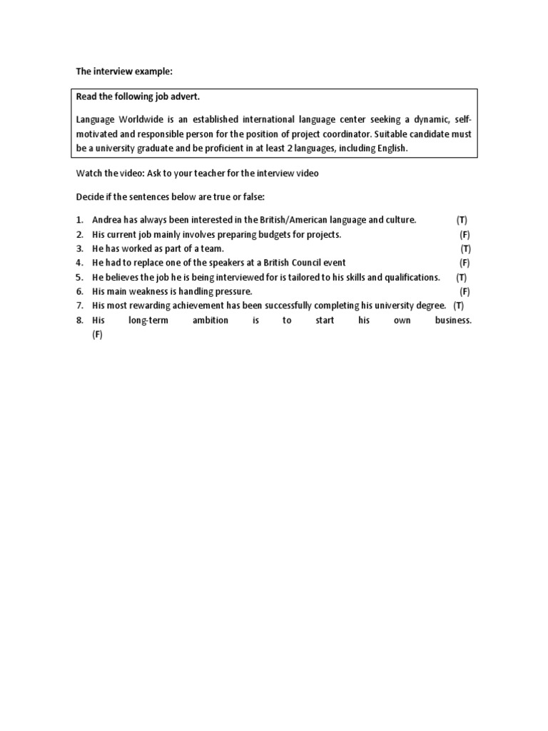 Interview True/False Exercise | PDF