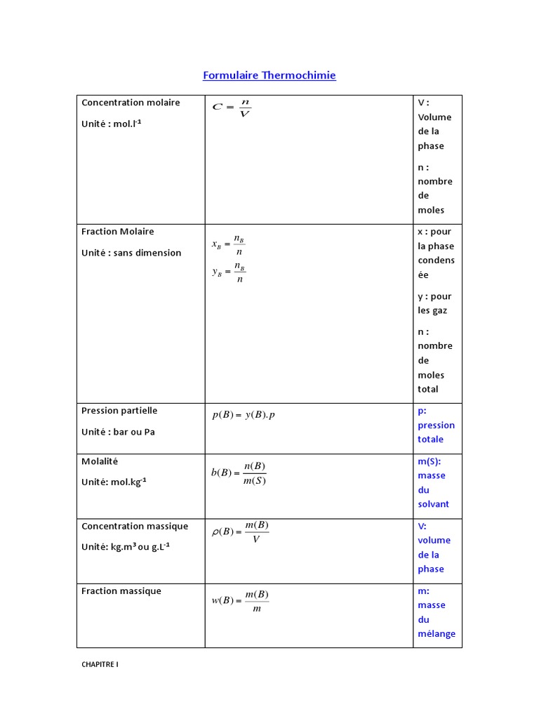 Formulaire de Thermochimie et Thermodynamique | PDF | Concentration ...