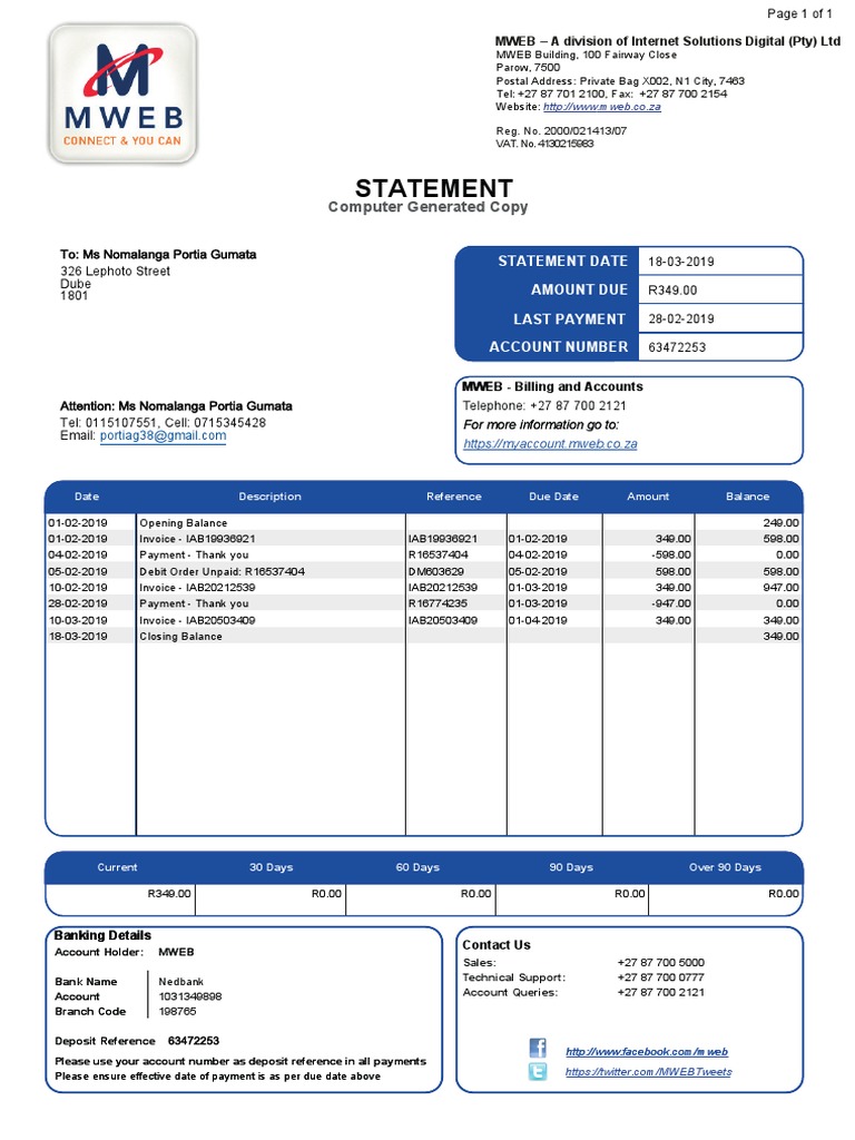 MWEB Billing Statement - March 2019 | PDF | Invoice | Cyberspace
