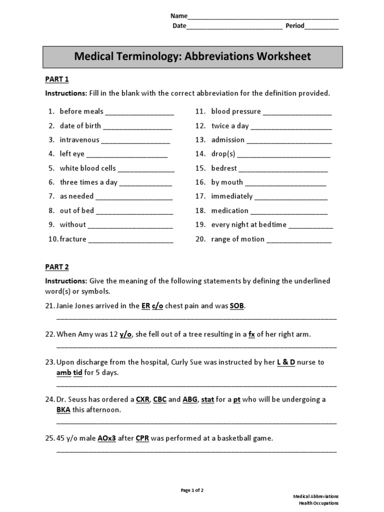 Free Printable Medical Terminology Worksheets Customize and Print