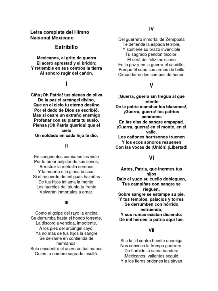 Letra Completa Del Himno Nacional Mexicano Pdf