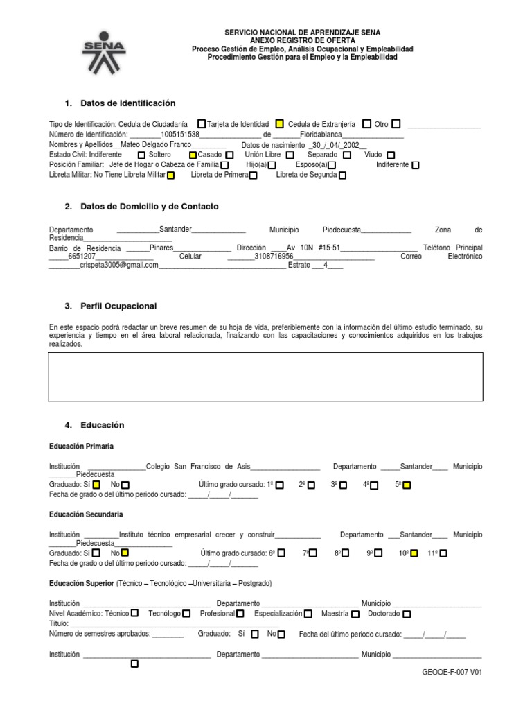Formato de Registro SENA para Empleo | PDF | Educación avanzada