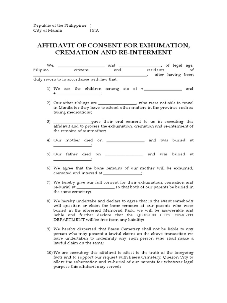Affidavit for Exhumation and Reburial | PDF | Affidavit | Burial