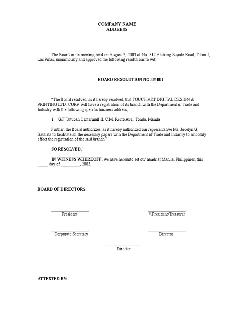 Board Resolution for Branch Registration | PDF