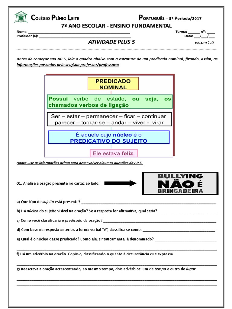 Atividades sobre Sujeito e Predicado 7º Ano | PDF | Assunto (gramática ...