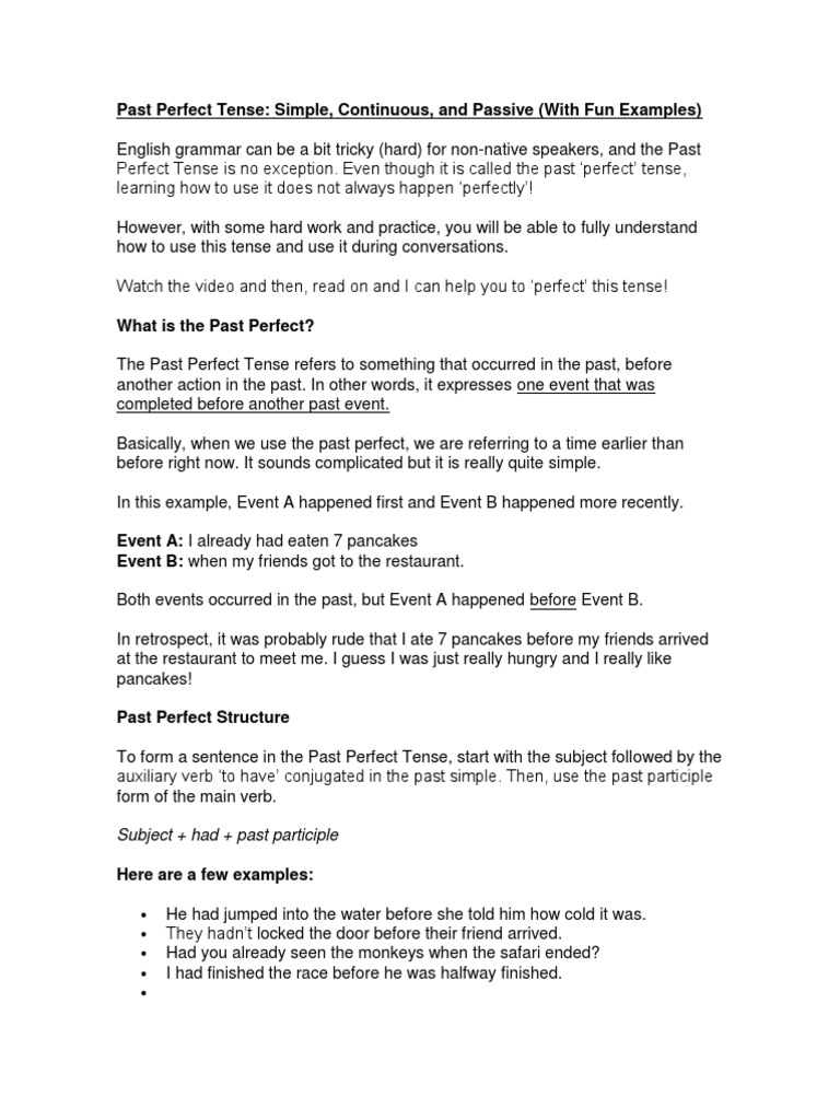 Past Perfect Simple and Continuous | PDF | Perfect (Grammar ...