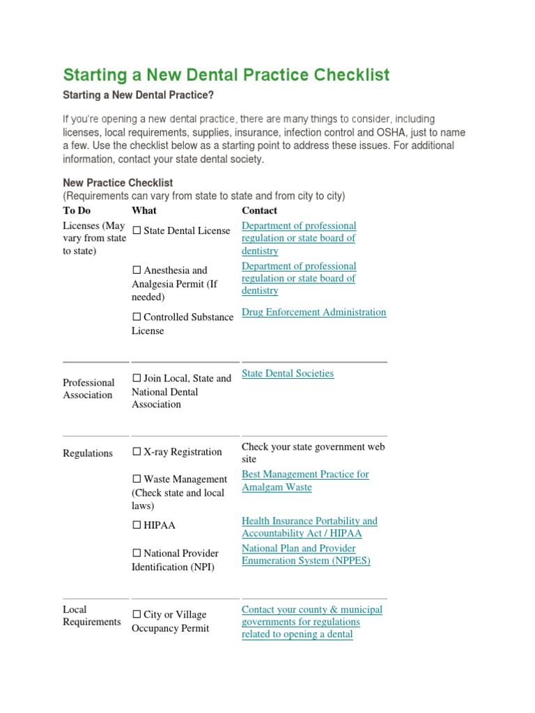 Starting A New Dental Practice Checklist Pdf Pdf Americans With