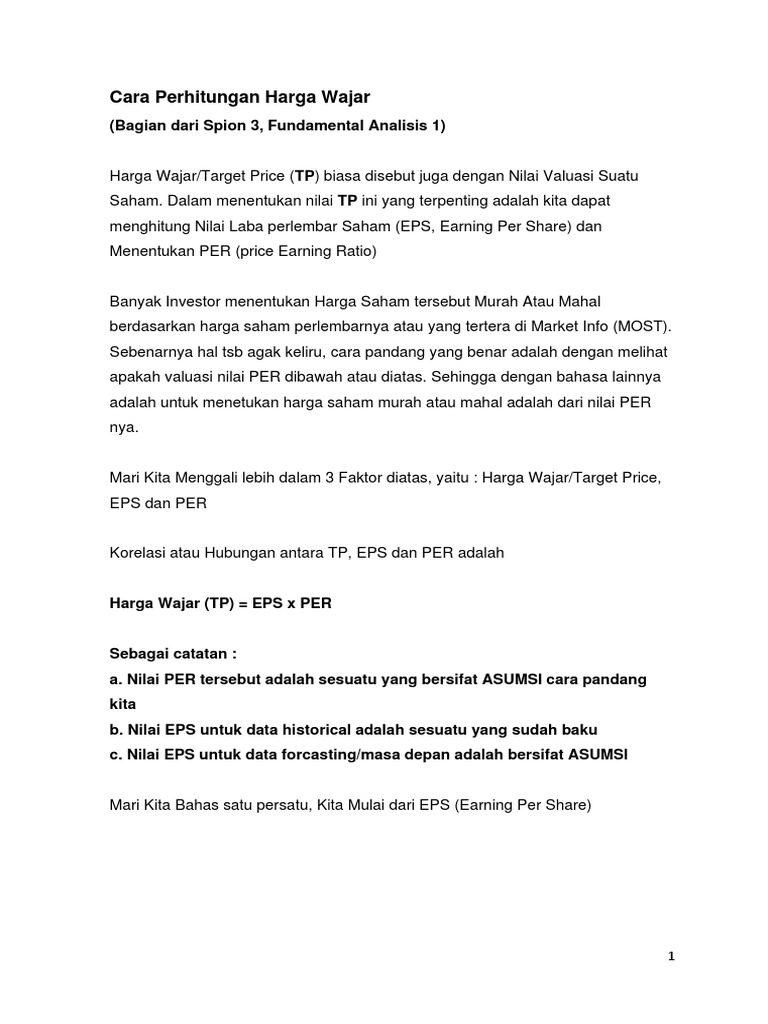 Cara Menghitung Harga Wajar Saham