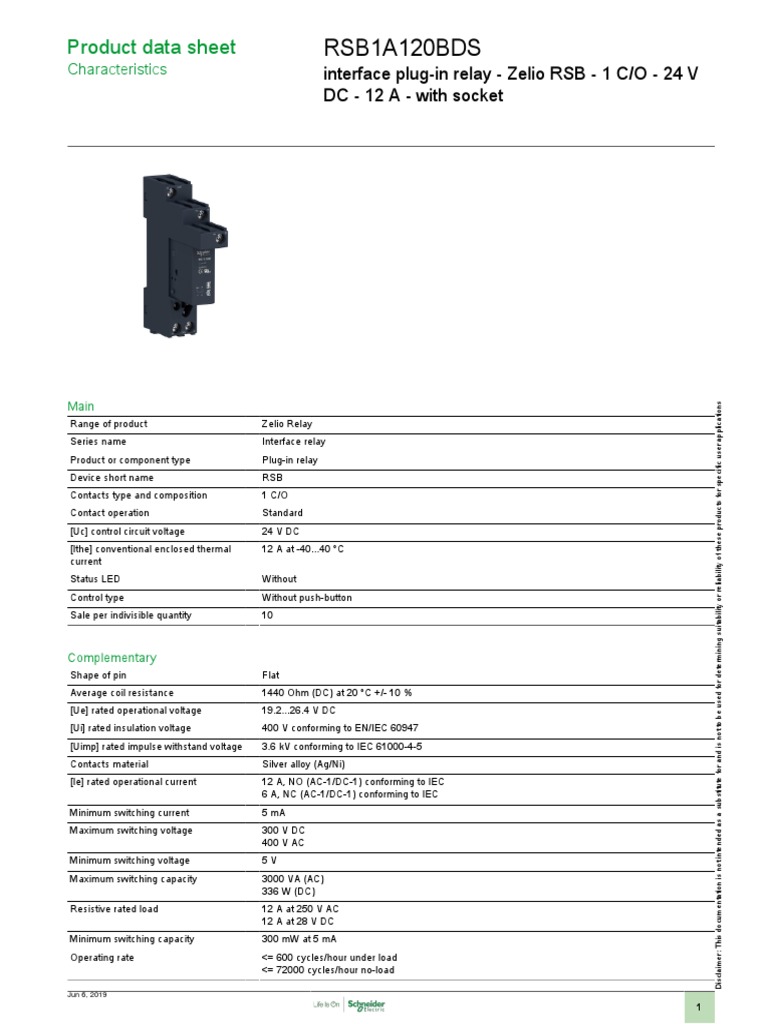 Zelio RSB Interface Relay Data Sheet | PDF | Relay | Alternating Current
