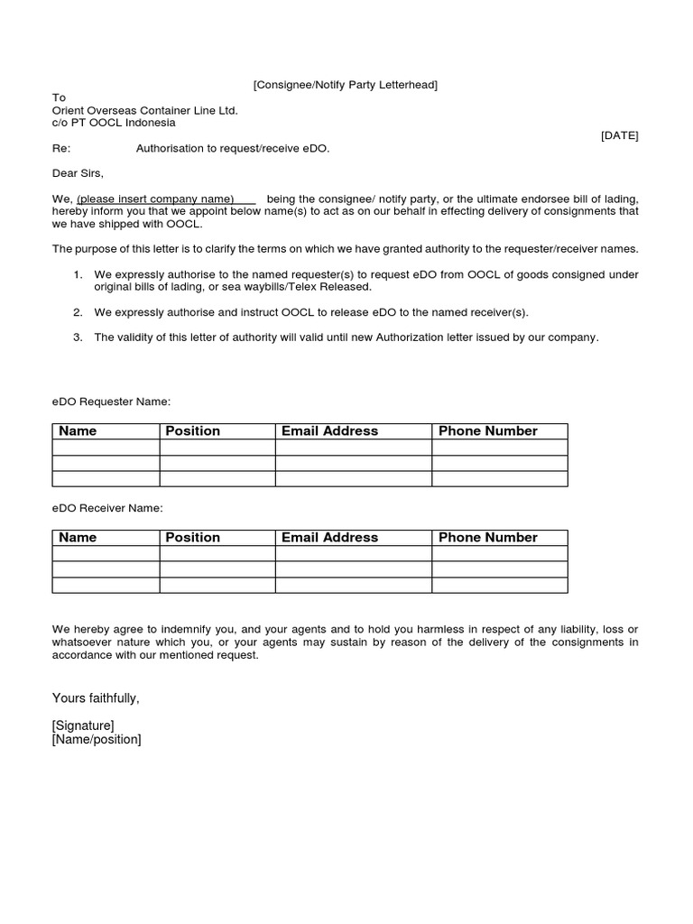 Consignee Authorization for eDO Release | PDF