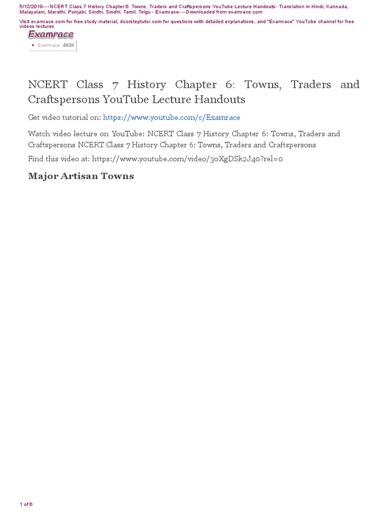 NCERT Class 7 History Chapter 6 YouTube Lecture Handouts | PDF ...