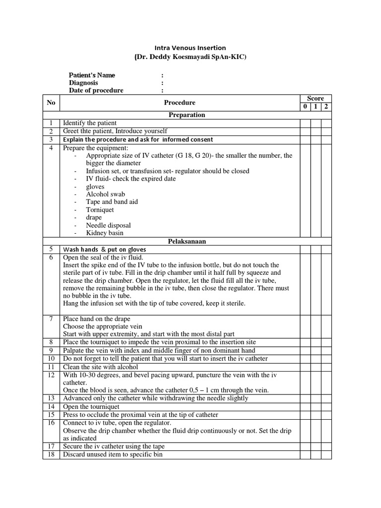 IV Insertion Procedure Checklist | PDF | Intravenous Therapy | Medical ...