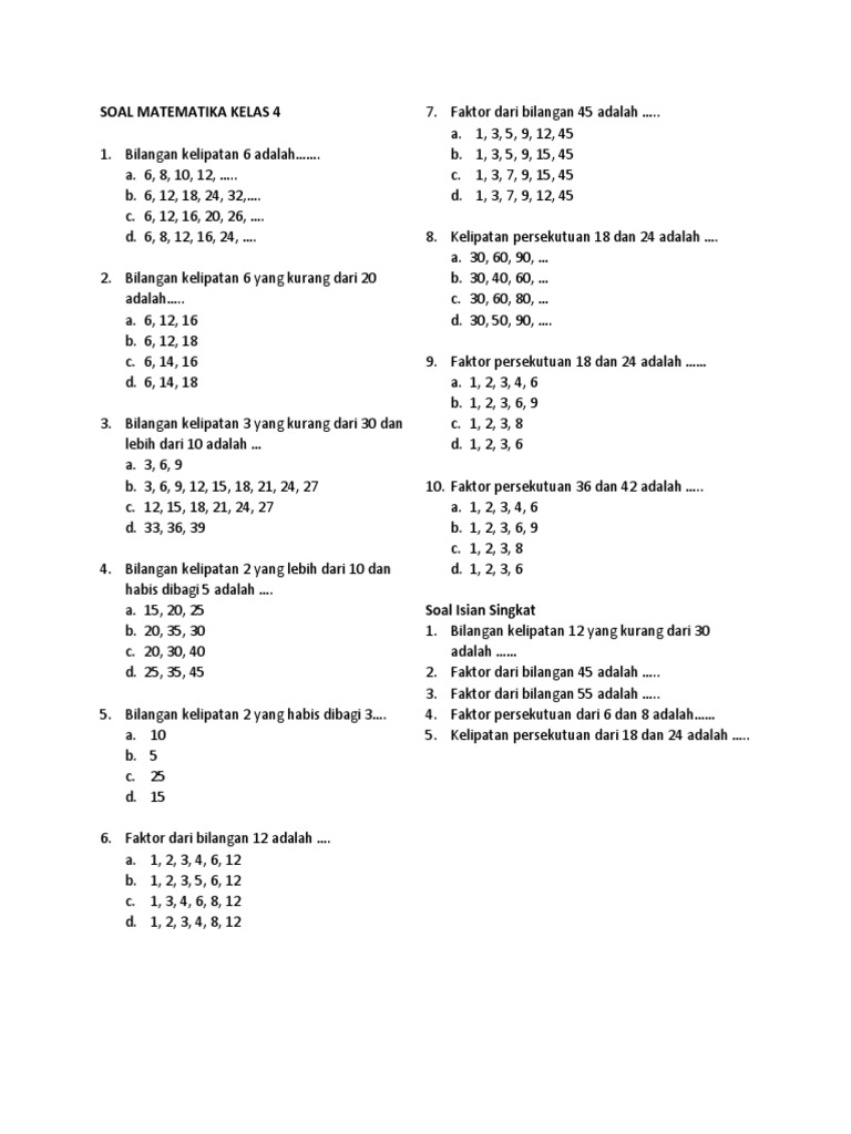 Soal Kelas 4 Kelipatan Dan Faktor