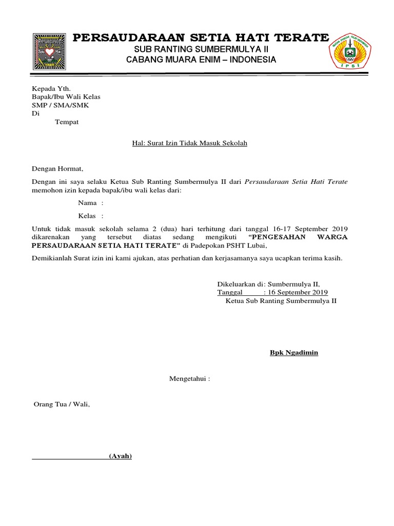 Contoh Surat Izin Sakit Siswa Psht Nusagates