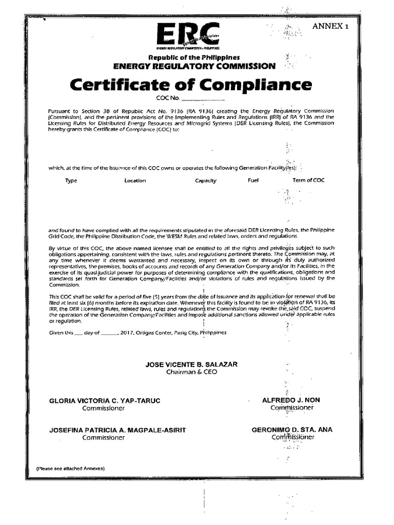 Certificate of Compliance Energy Regulatory Commission PDF