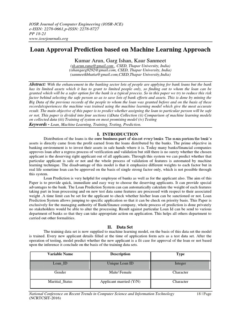 Loan Approval Prediction Based On Machine Learning Approach: Kumar Arun