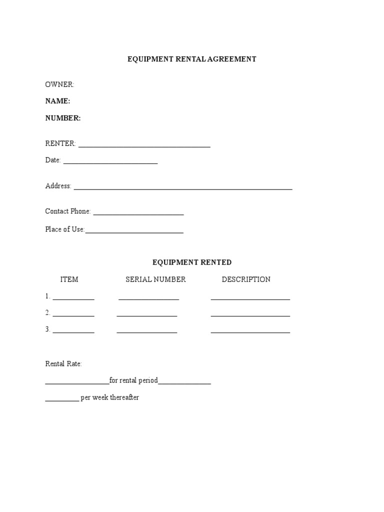 Equipment Rental Agreement PDF Renting Indemnity