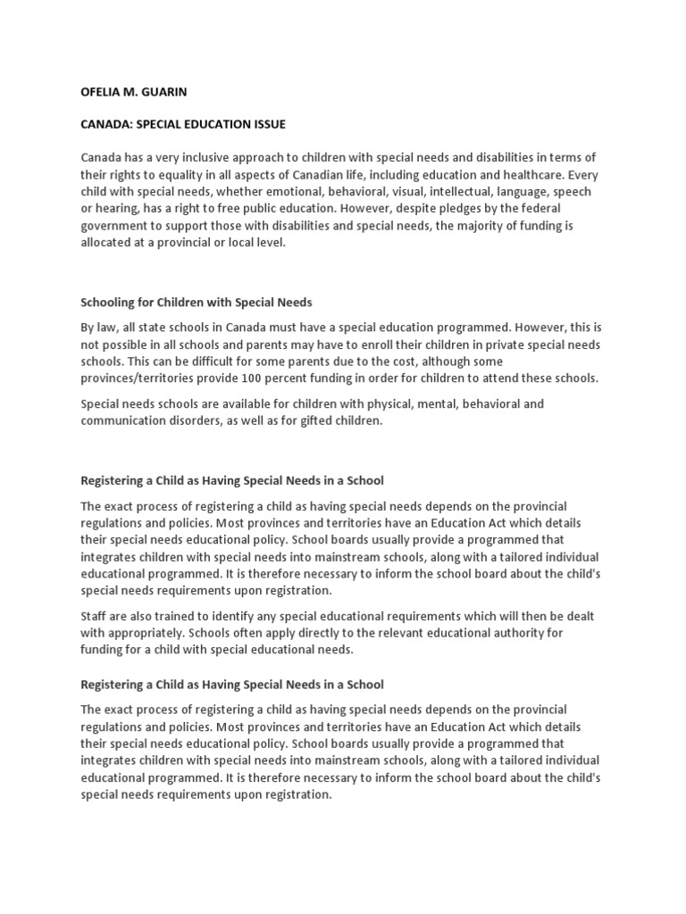Ofelia M. Guarin Canada Special Education Issue Schooling For