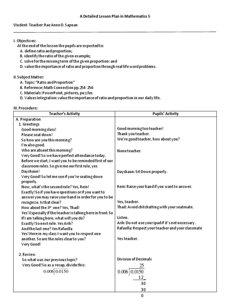 Grade 5 Ratio and Proportion Lesson Plan | PDF | Ratio | Elementary ...