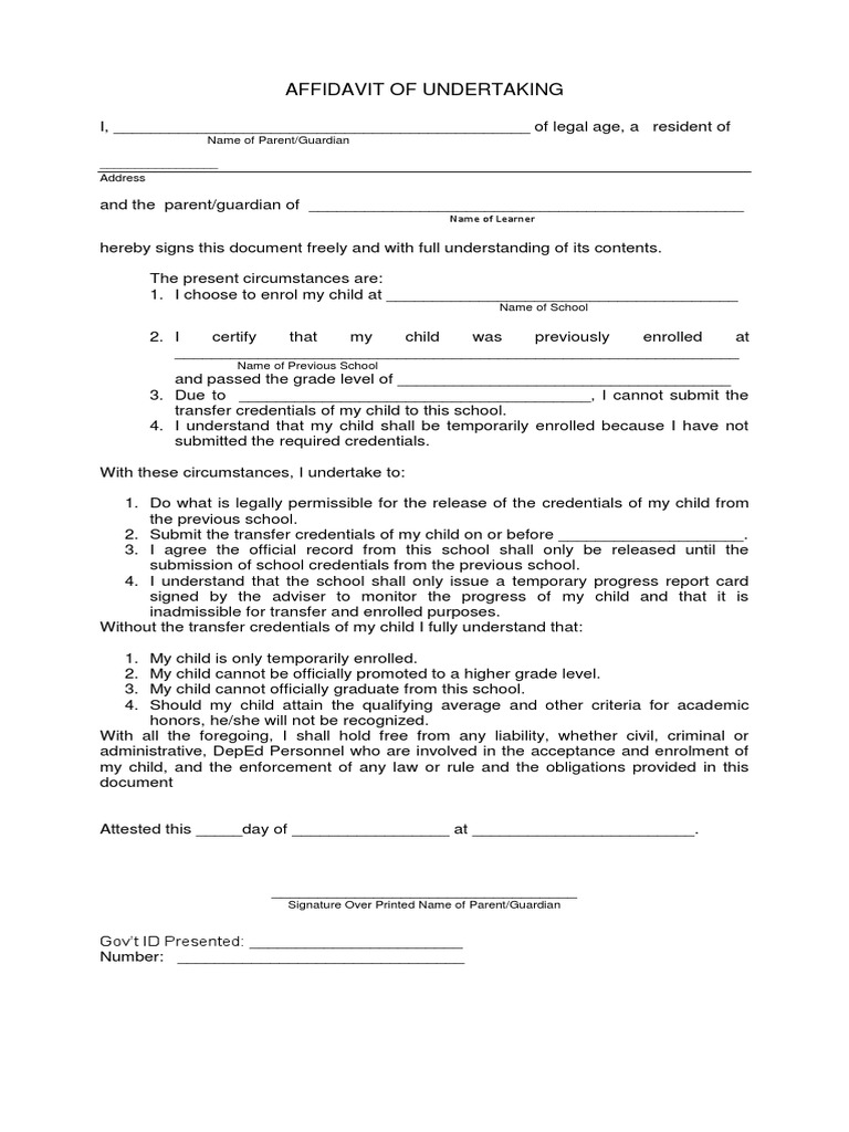 DepEd Affidavit of Undertaking Form | PDF | Credential | Government