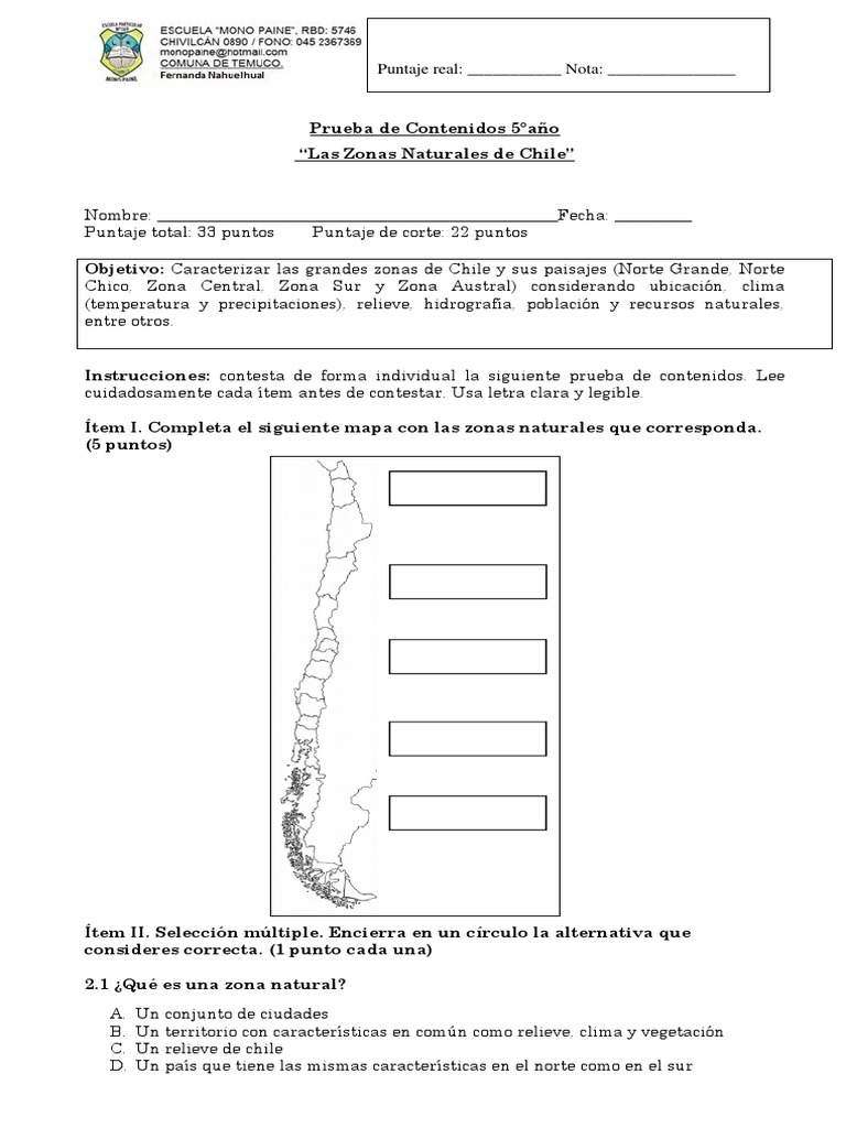 5° Año - Historia - Prueba - Zonas Naturales de Chile | PDF | Chile ...