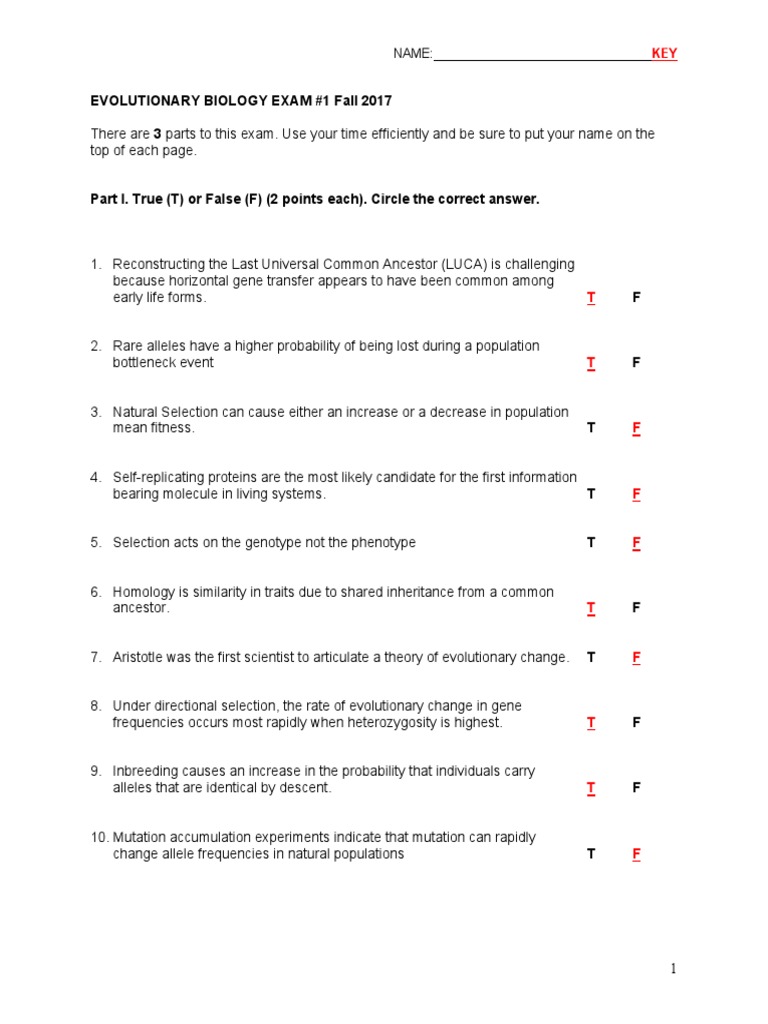 Evolutionary Biology Exam #1 Fall 2017: Name | PDF | Natural Selection ...