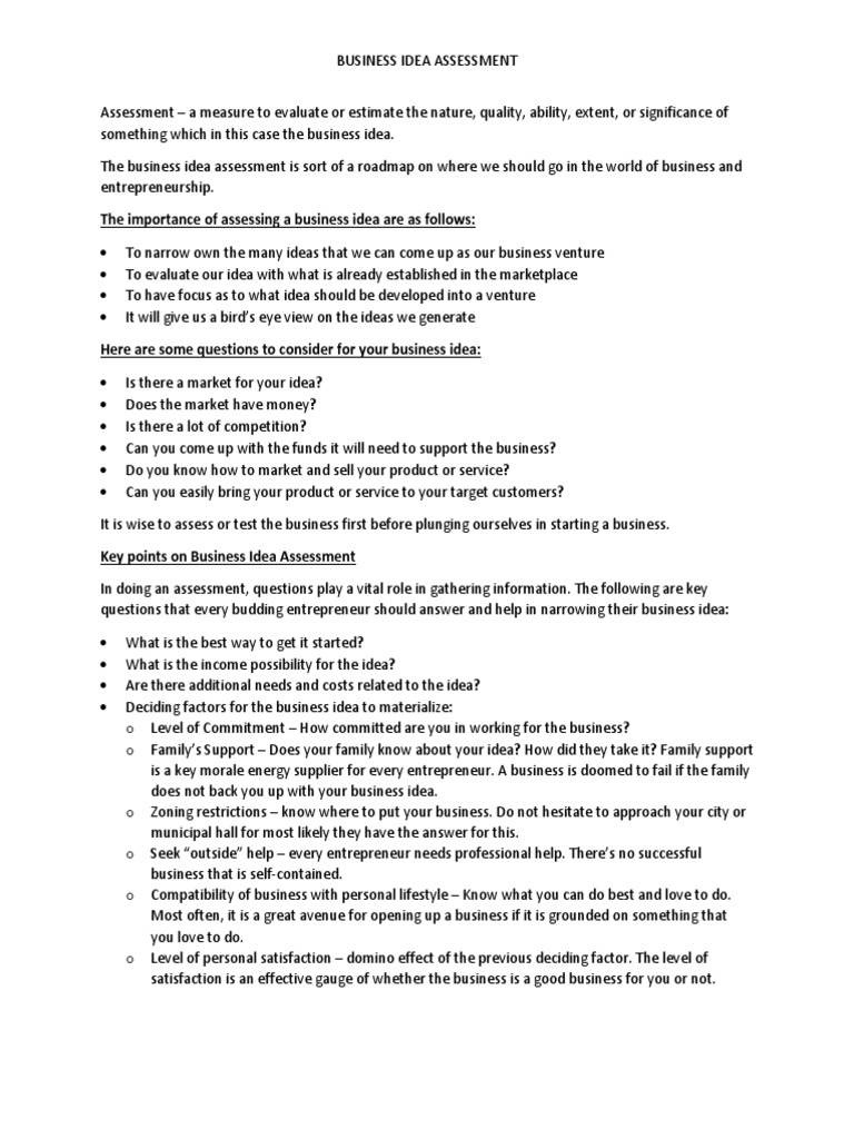 Business Idea Assessment Guide | PDF | Feasibility Study | Entrepreneurship