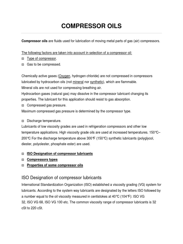 Compressor Oils Compressor Oils Are Fluids Used For Lubrication of