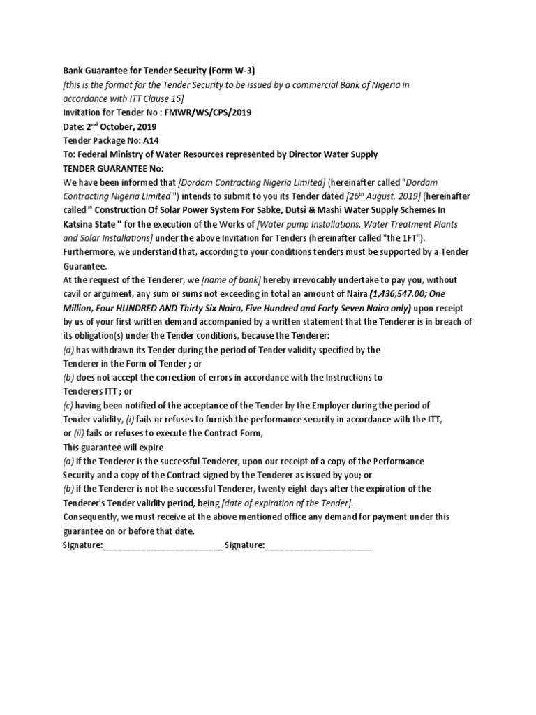 Bank Guarantee for Tender Security Form | PDF