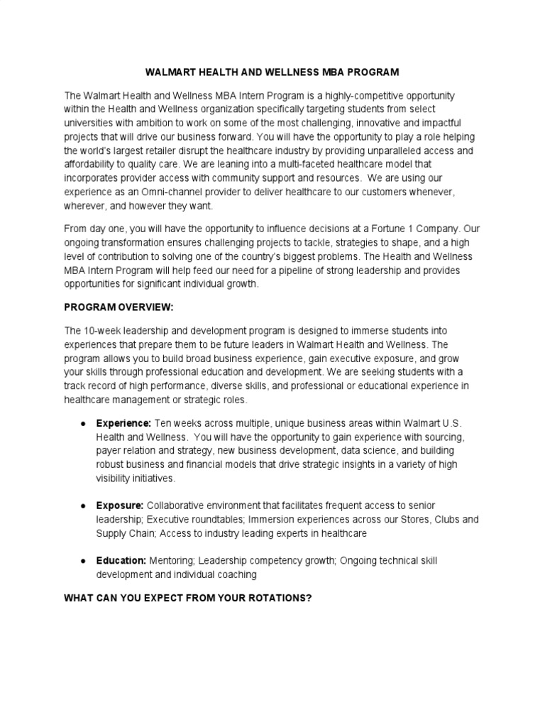 Walmart Health & Wellness MBA Internship | PDF | Walmart | Leadership