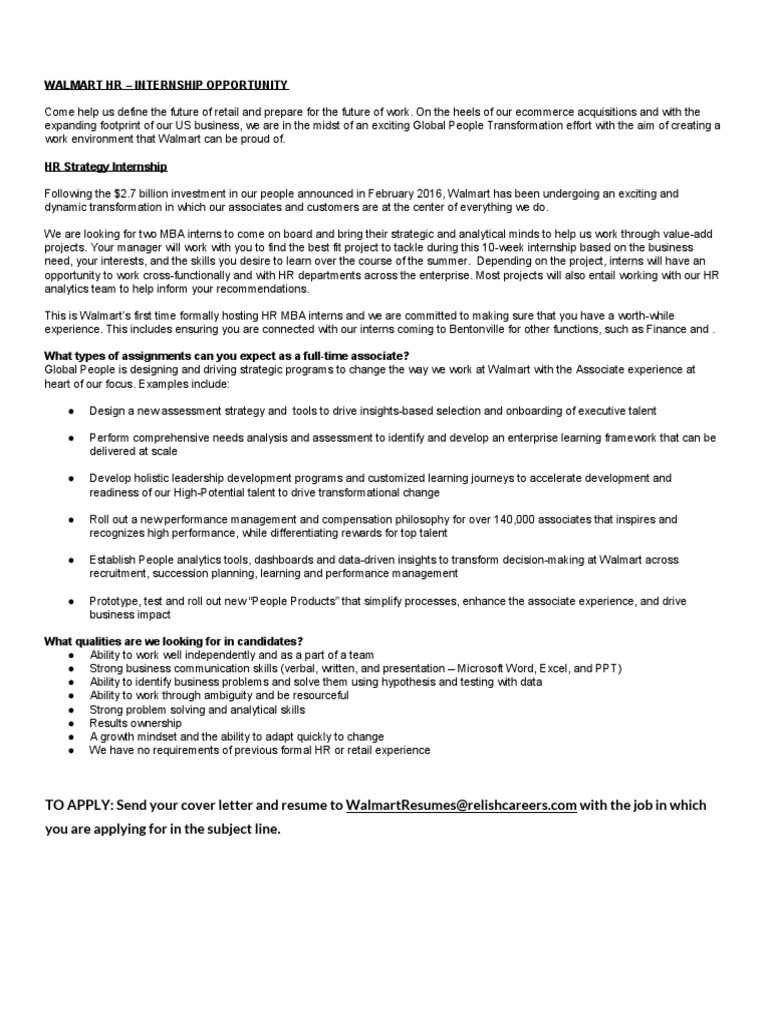 Walmart Human Resources MBA Internship PDF Analytics Walmart