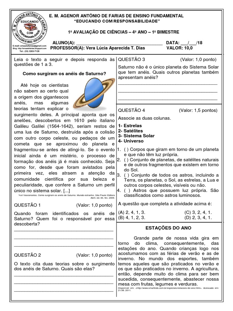1 Avaliação de Ciências - 4º Ano - 1º Bimestre | PDF | Planetas | Saturno