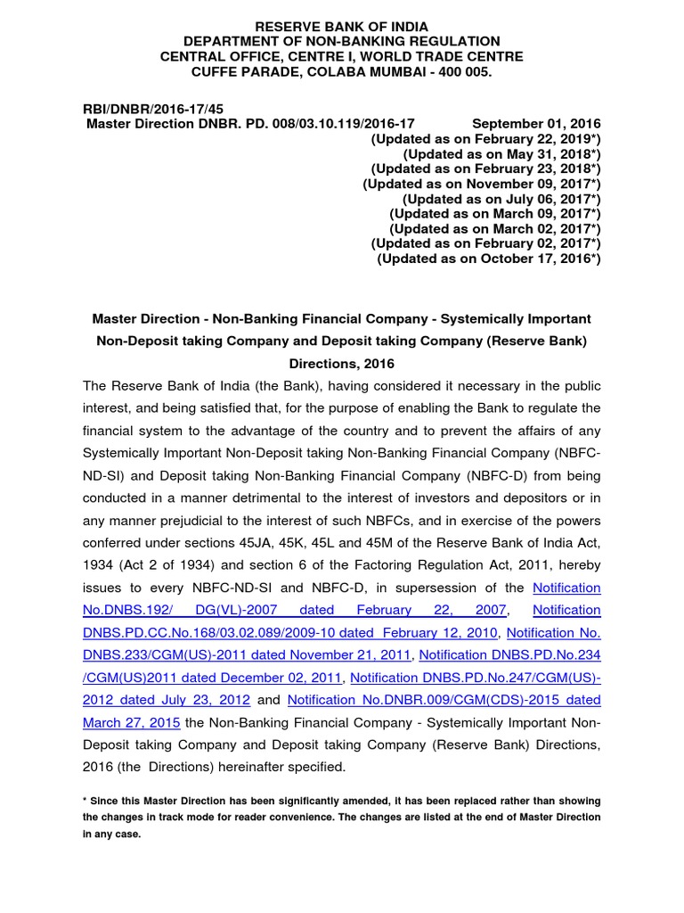 Nbfc Systemically Important Master Directions
