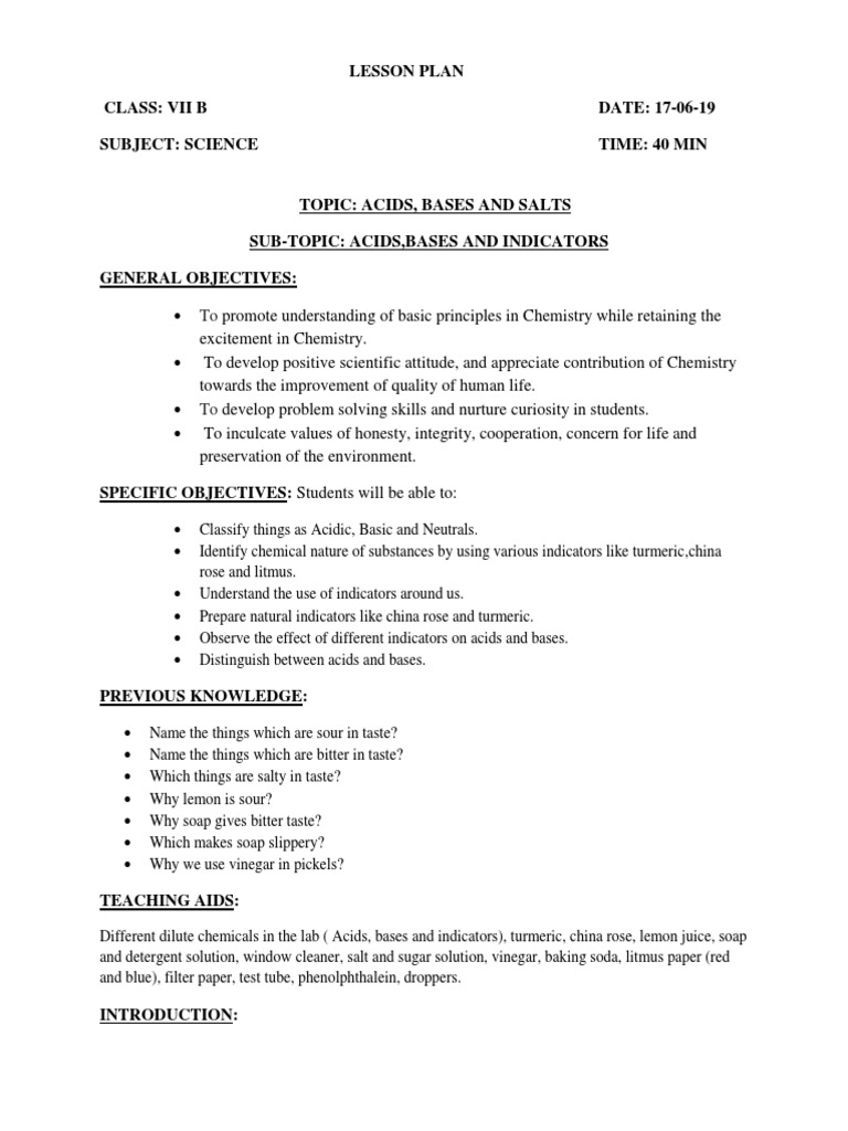 Lesson Plan Class VII (Acids, Bases and Salts) PDF Taste Acid