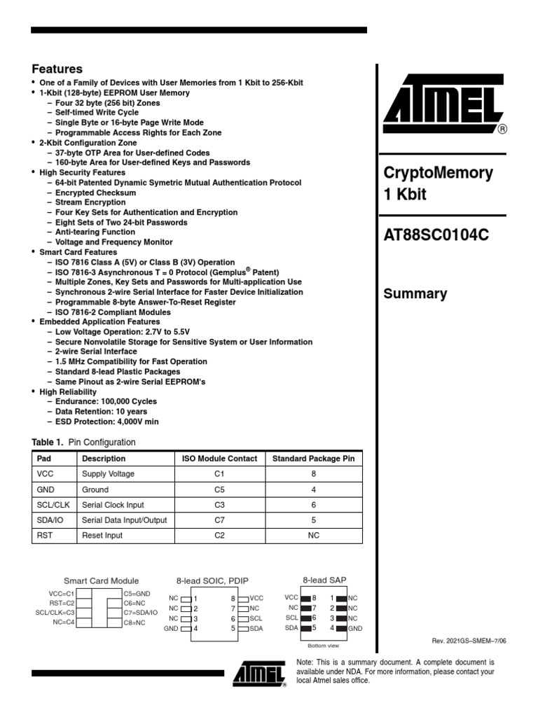 U6 (Smart Card Chip) AT88SC Datasheet | PDF | Encryption | Password