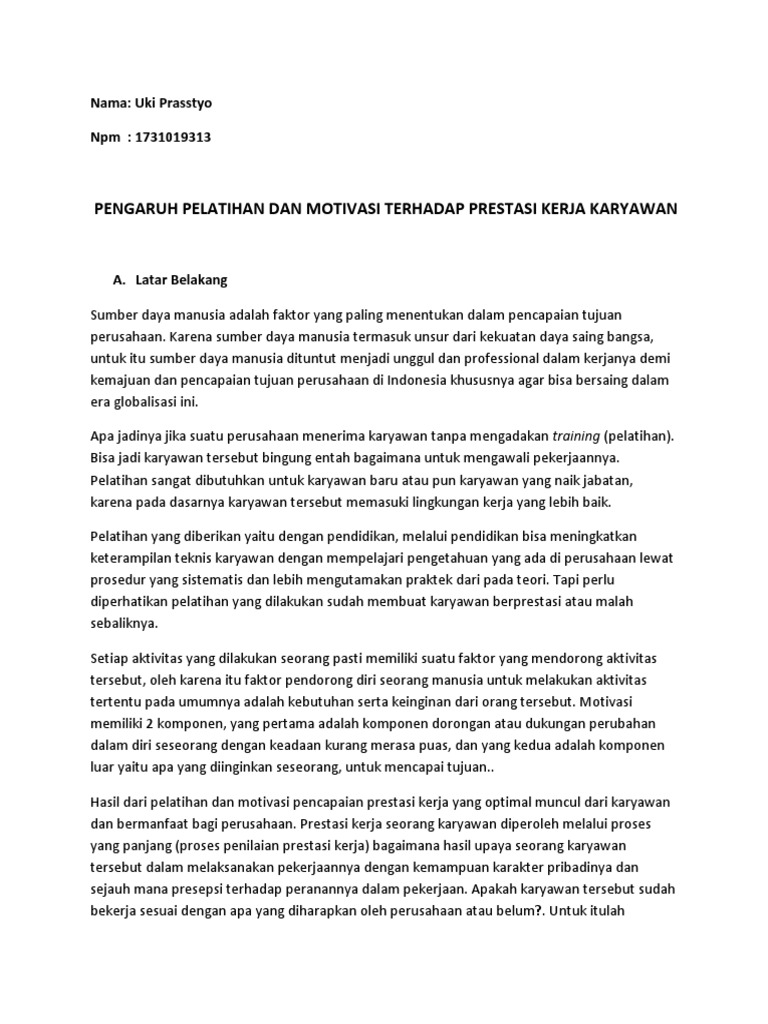 Proposal Pengaruh Pelatihan Dan Motivasi Terhadap Prestasi Kerja Karyawan Pdf