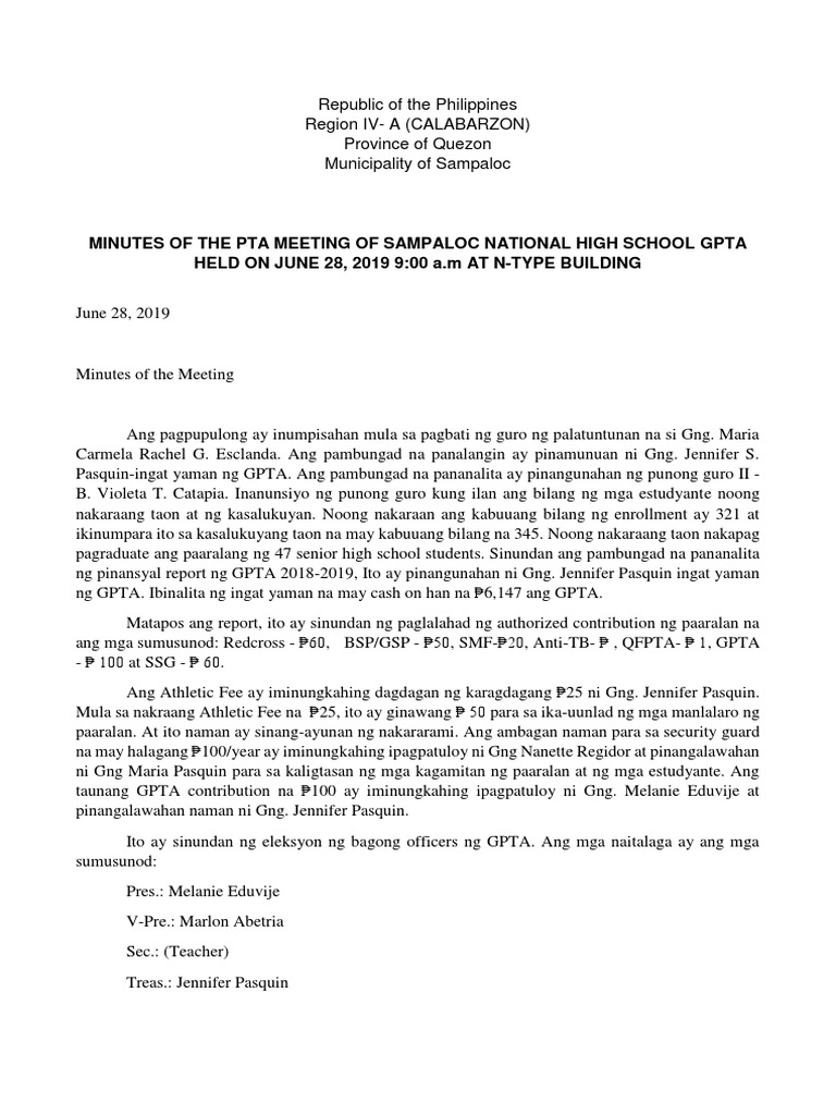 Minutes of GPTA Meeting | PDF