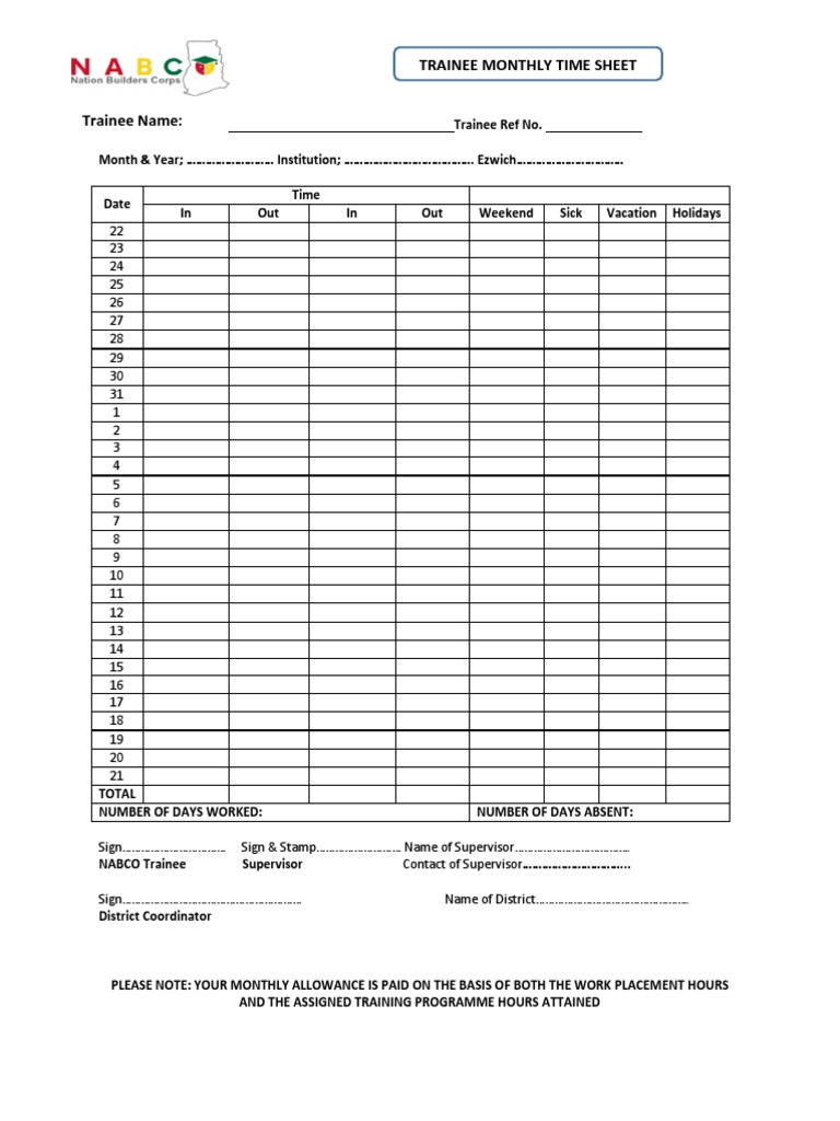 Nabco Trainee Timesheet Business