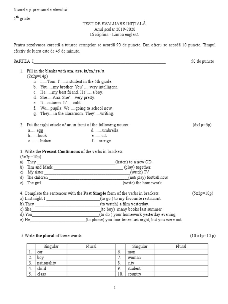 Test Initial Engleza Clasa A 6 A | PDF | Morphology | Languages