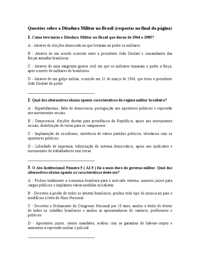 Questões sobre a Ditadura Militar no Brasil | PDF | Brasil | Política ...