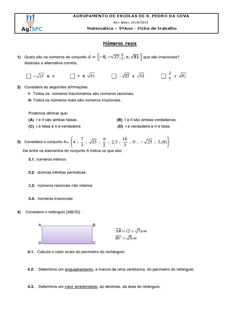Exercícios sobre Números Reais - 9º Ano | PDF | Números | Número real