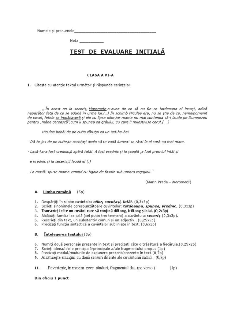 Test Initial Clasa A Vi | PDF