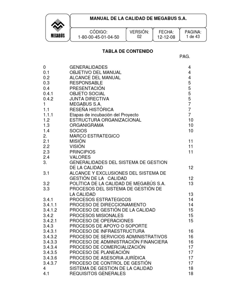 Manual de Calidad de Megabús S.A. | PDF | Gestión de la calidad ...