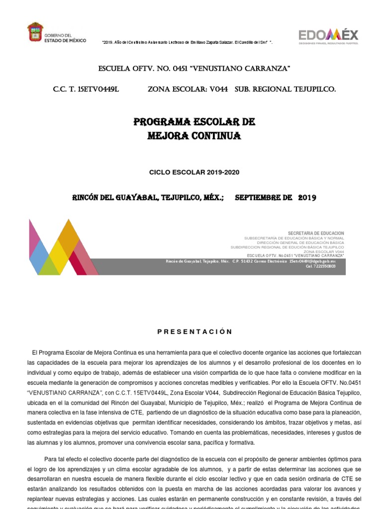 Programa Escolar de Mejora Continua 2019-2020 | PDF | Maestros | Prueba ...