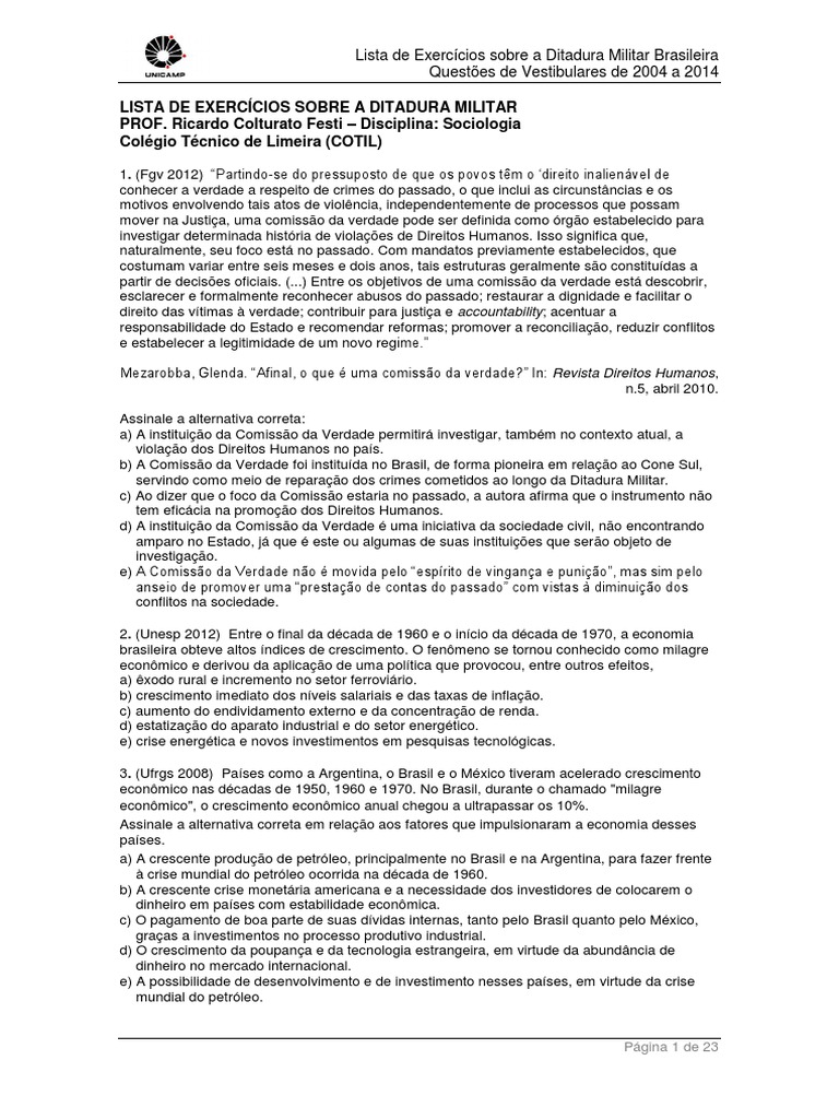 Ditadura Militar - Lista de Exercícios | Download grátis PDF | Brasil ...