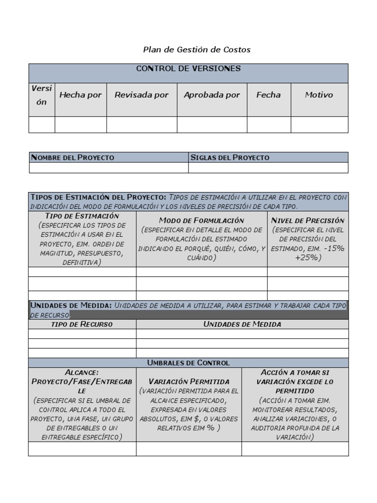 Plan de Gestión de Costos del Proyecto | PDF | Medición | Presupuesto