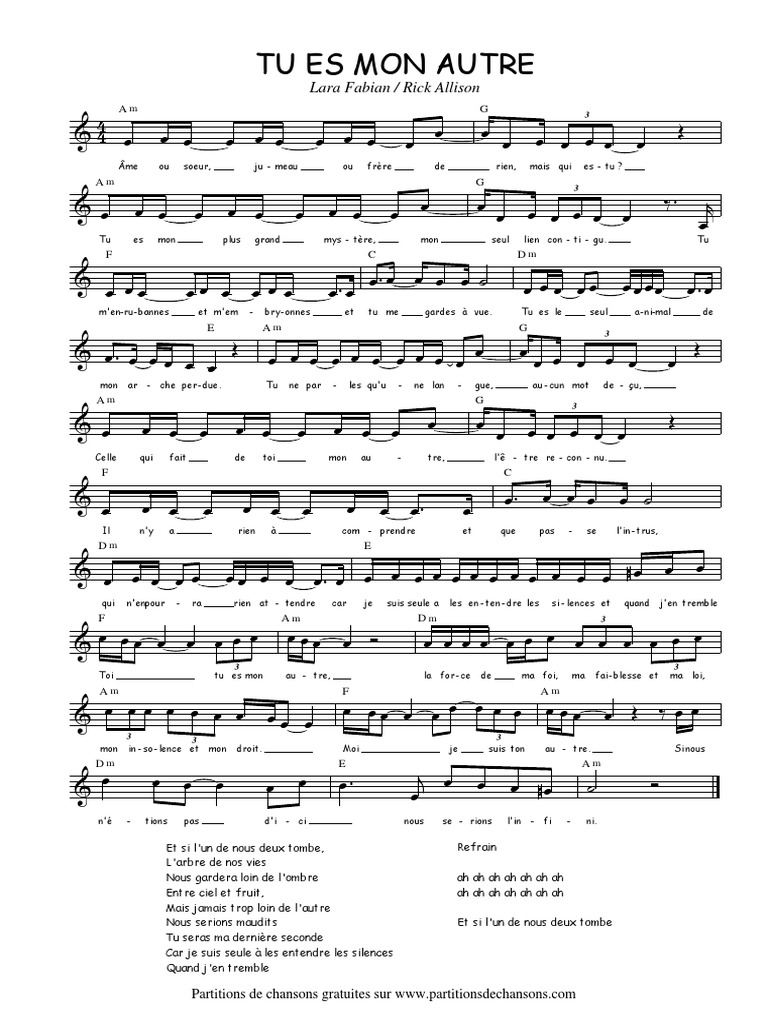 Belle Tu Es Si Belle Partition Piano Pdf Lara Fabian Tu Es Mon Autre