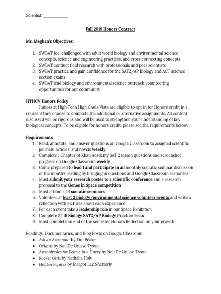 Honors Biology & Environmental Science Contract | PDF | Science | Academia