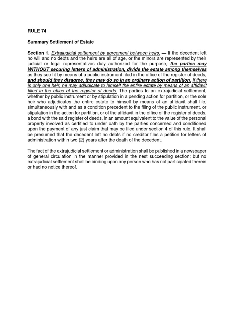Rule 74: Extrajudicial Estate Settlement | PDF | Intestacy | Deed