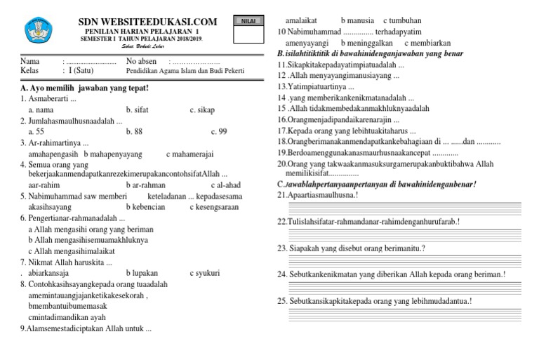Soal Kelas 1 Sd Pendidikan Agama Islam Dan Budi Pekerti Bab 1 Kasih Sayang Webedu